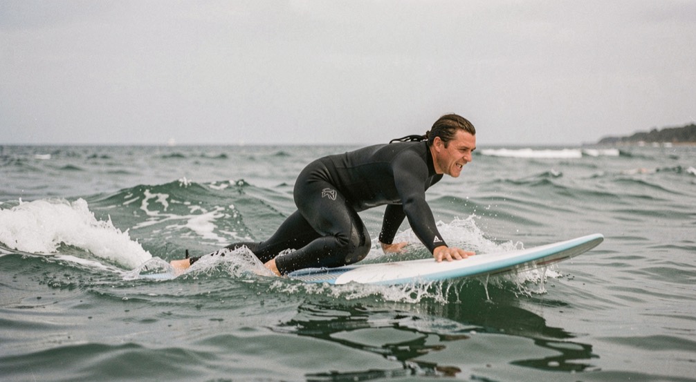 First surf lesson skills before you paddle out alone: wide editorial view of board control beside pop-up timing