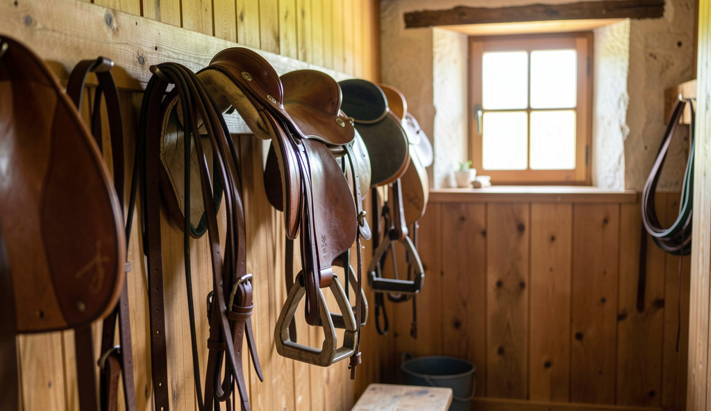 A wooden tack room wall in the Cévennes with leather saddles and bridles hanging in a row, morning light entering through a small window, medium shot.