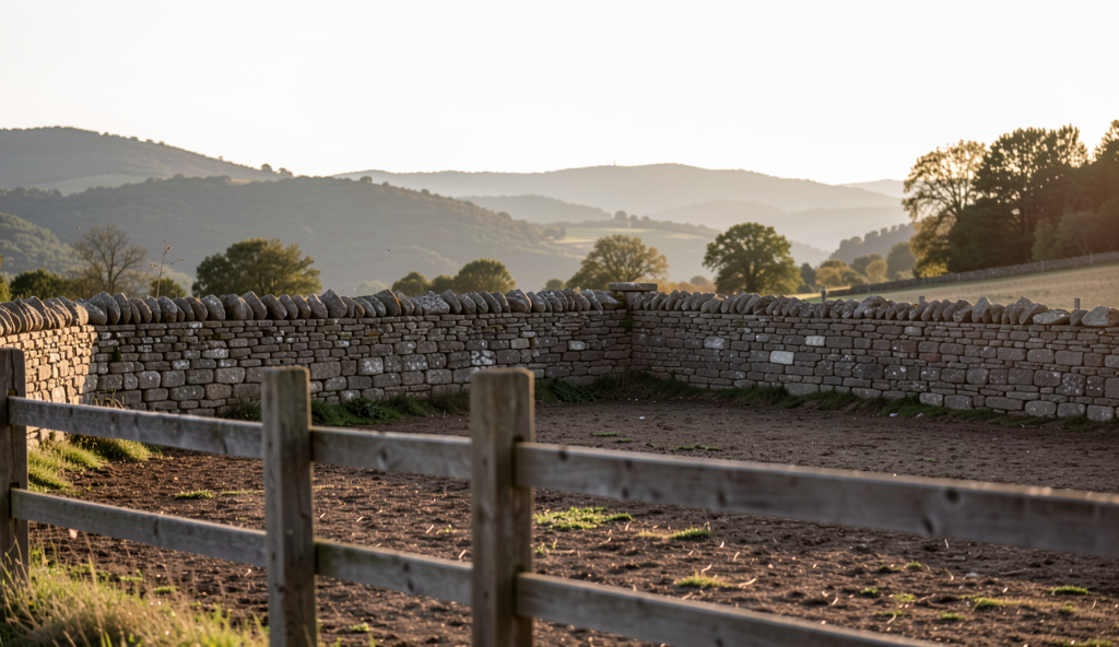 A stone-walled riding arena in the Cévennes foothills at golden hour, with a wooden fence in the foreground and a low line of hills behind, shot from a low angle.