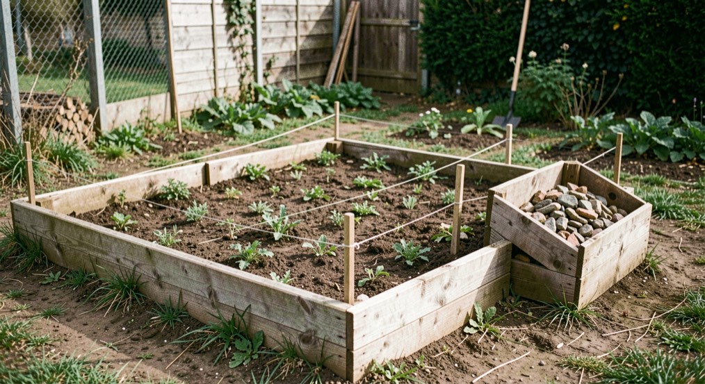 A small plot, measured and fed: a neat allotment bed with string lines and a compost bay