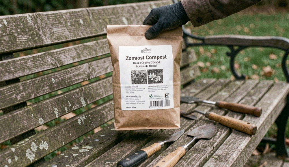 A gloved hand holding a printed compost bag label above a wooden bench with garden tools laid out