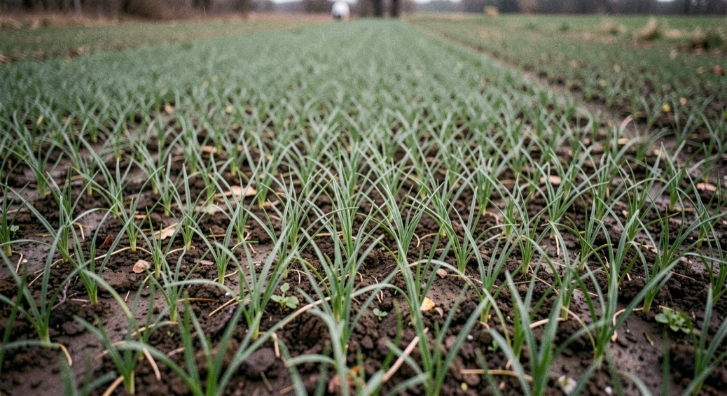 A bare vegetable bed broadcast sown with rye seedlings standing as a fine green carpet in low winter light