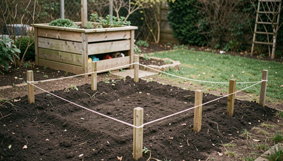 A small garden plot marked out with string lines and wooden pegs, dark turned soil and a wooden compost bay behind