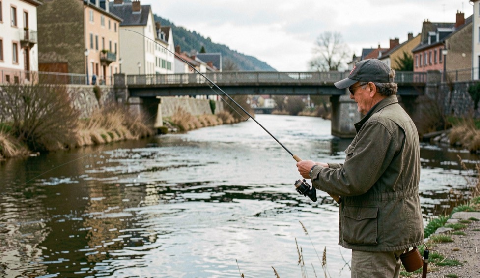 Travelling to fish a town water: an angler casting on a broad river pool below a town bridge