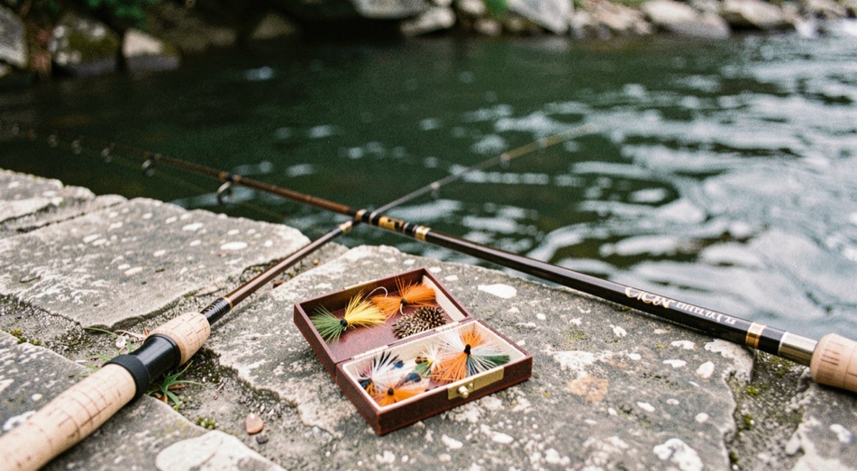A fly rod and a small open box of salmon flies resting on a stone quay above a river pool