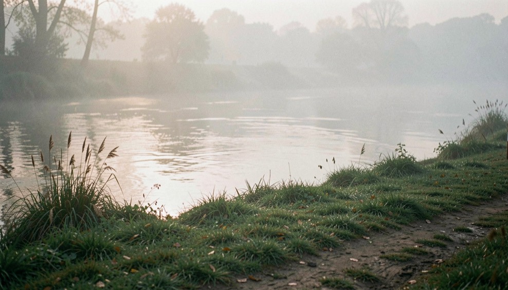 A quiet river beat at morning with low mist over the water and a grass path along the bank