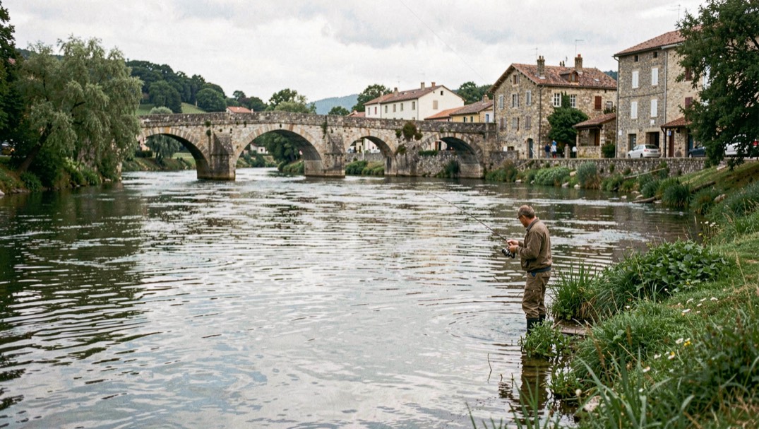 A wide calm river flowing past a small stone town with an arched bridge, an angler wading near the green bank