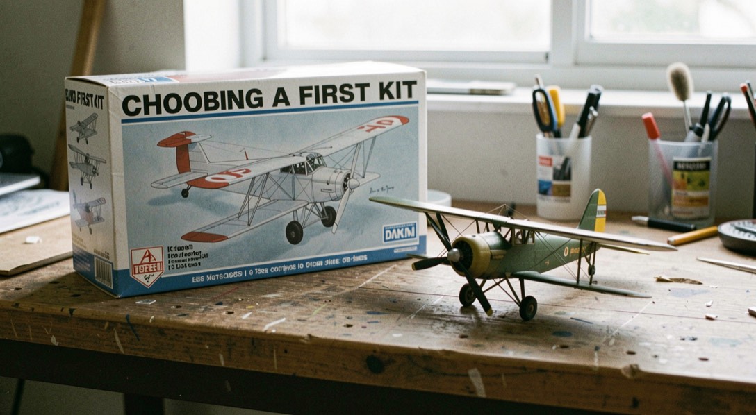 Choosing a first kit: a finished propeller aircraft model beside its kit box on a bench
