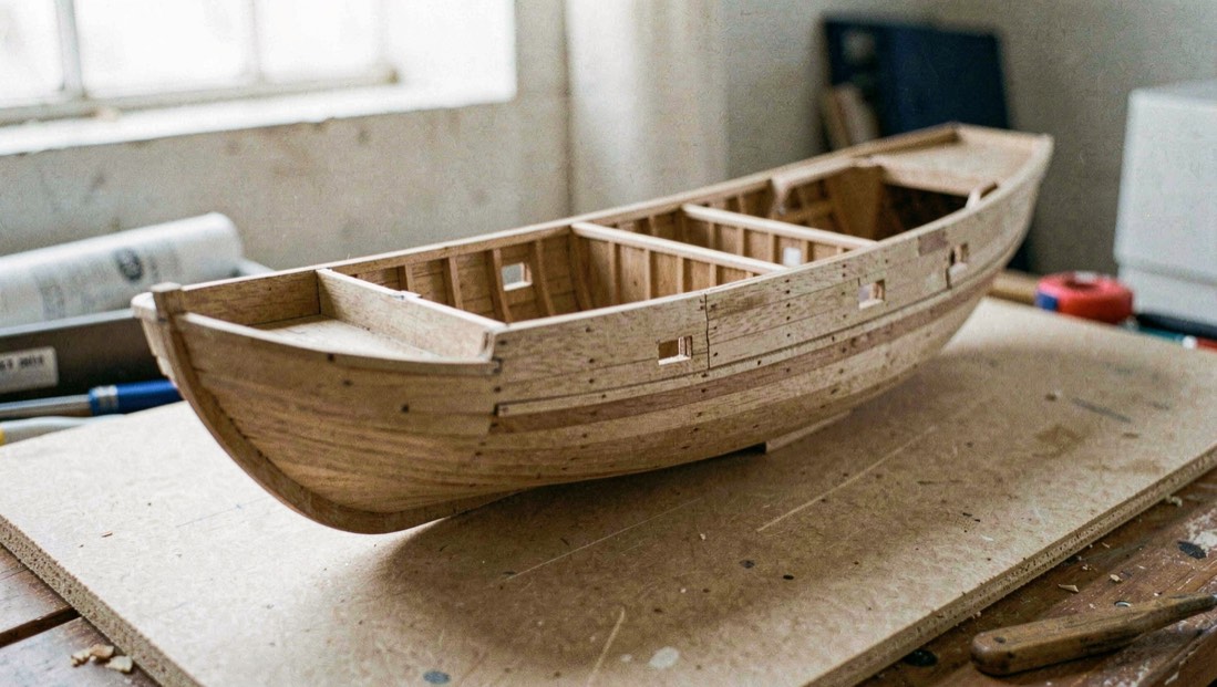 The bare hull of a wooden ship model on a building board with bulkheads and a part finished first layer of planking