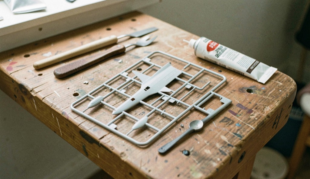 A wooden workbench holding an unbuilt model aircraft kit with sprue frames, sprue nippers, a sanding stick and a tube of cement in soft light