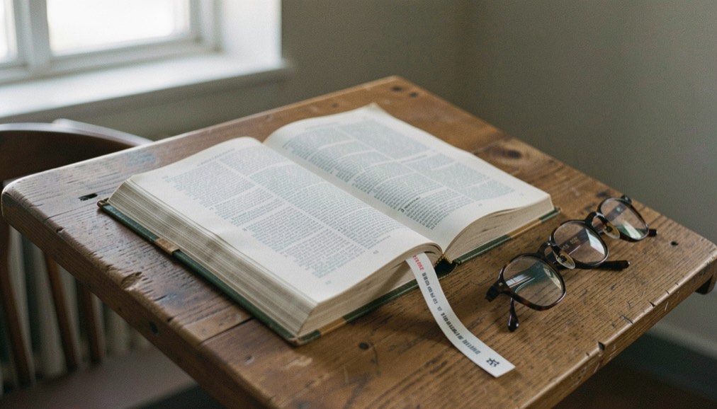 A bound volume of statutes lying open on a wooden lectern beside a bookmark and reading glasses