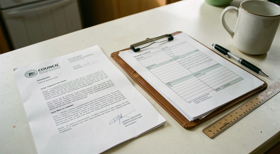 A printed council letter and a folder of forms on a pale kitchen table beside a pen, a ruler and a mug