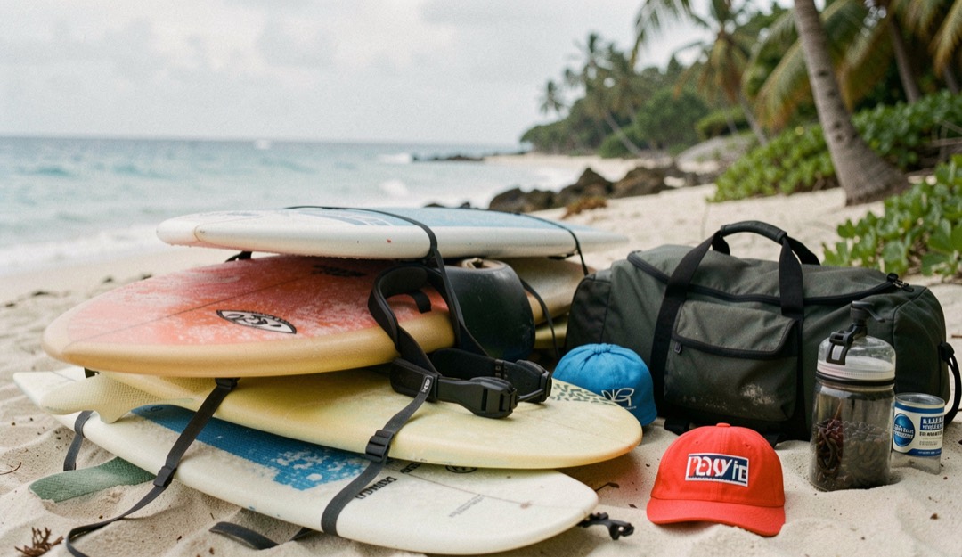 Surf travel gear: board bag, sun protection, and repair kit