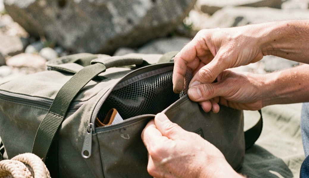 Detailed working view of board bag within sun protection