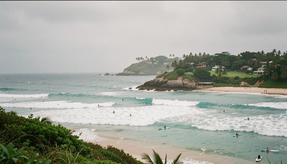Pack surfboards and travel gear for island conditions: professional view of board bag, context showing sun protection, with attention to repair kit