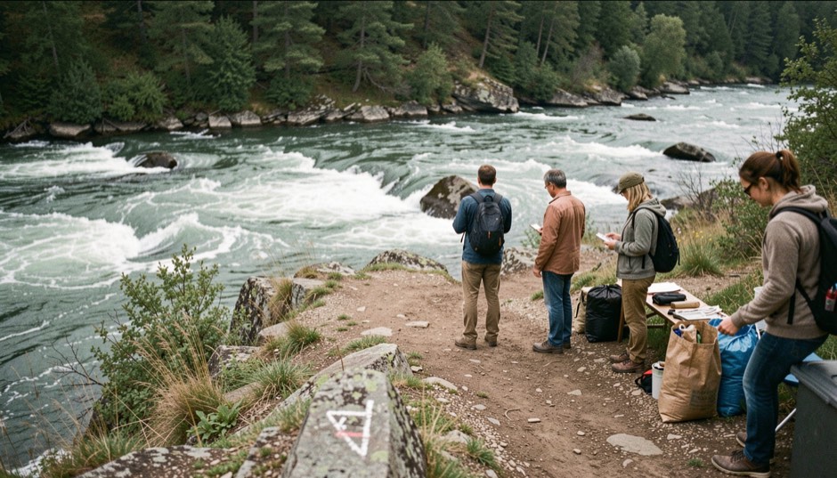 Preparing a shore outing: a marked trail overlook above fast river water