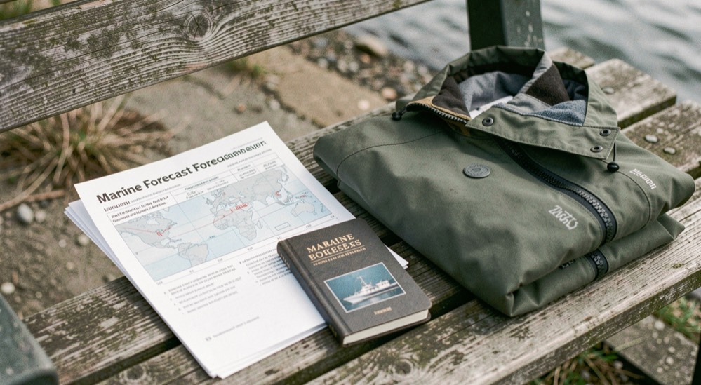 A printed marine forecast and a small notebook beside a folded waterproof jacket on a wooden bench