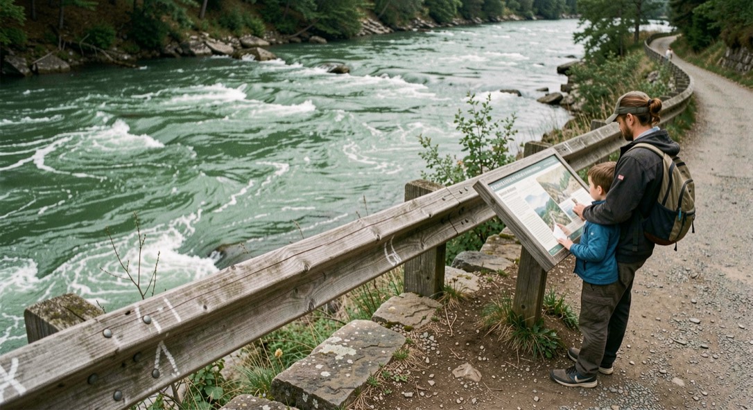 A marked riverside trail above fast green water, a wooden guardrail at the overlook and a family reading the trail board